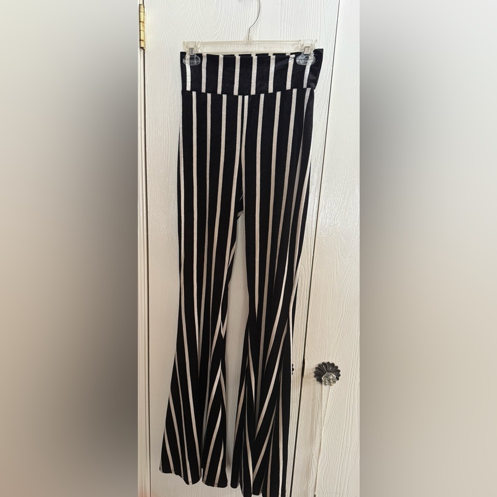 Elegant Black and White Striped Wide Leg Crushed Velvet Pants